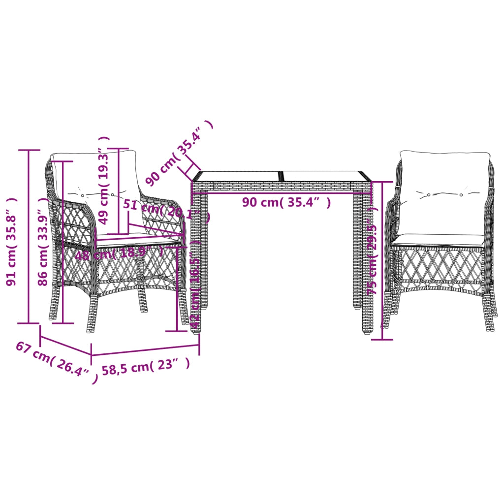 Set da BistrÃ² 3 pz con Cuscini Nero in Polyrattan