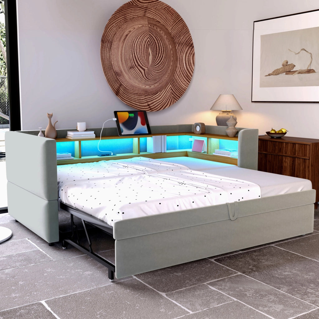 Divano letto 90/180x190 cm con LED; prese e vani contenitore; in flanella grigio chiaro