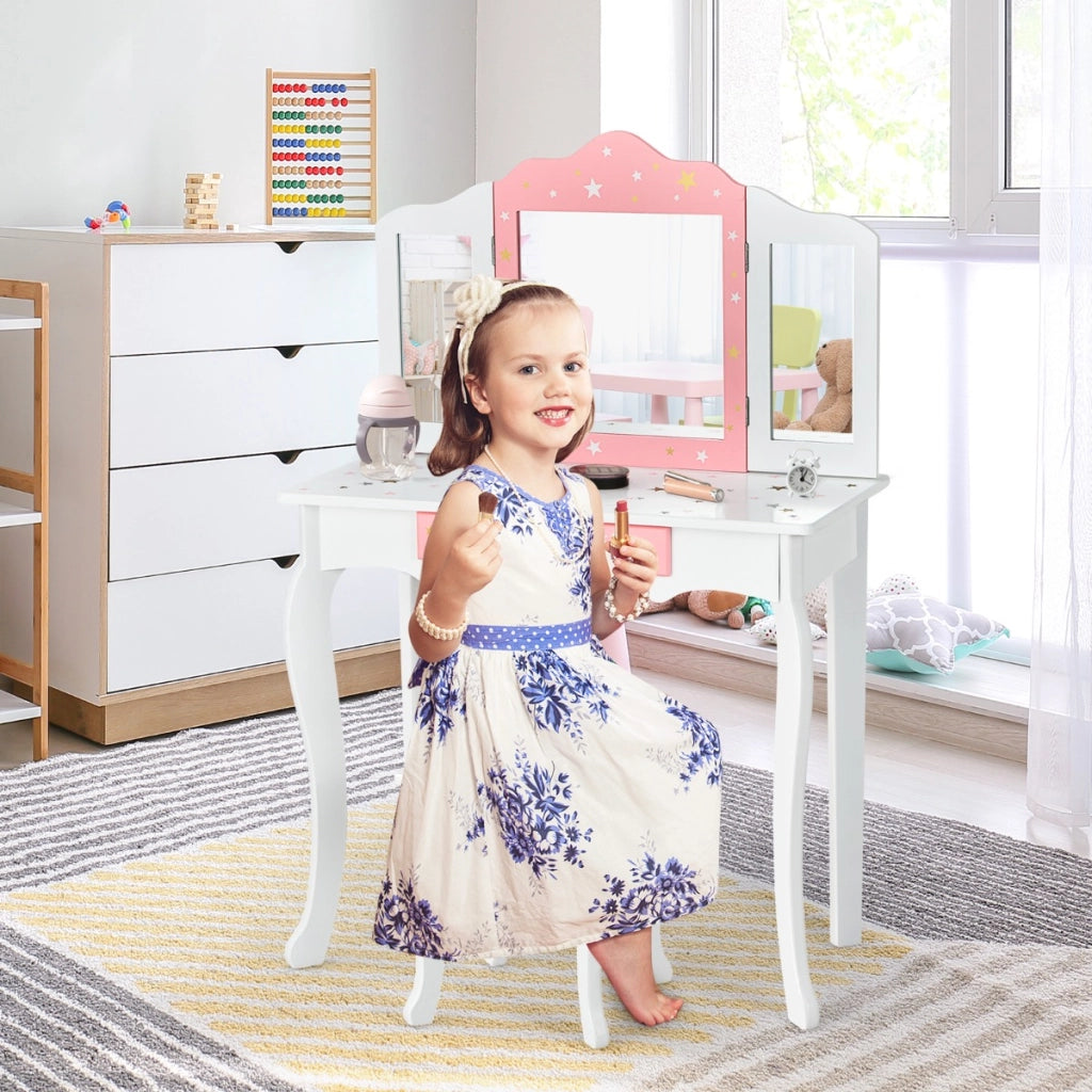 Set tavolo toeletta e sgabello per bambini con specchio tripartito, Set toeletta con stampe di stelle Bianco-Toelette per bimbi