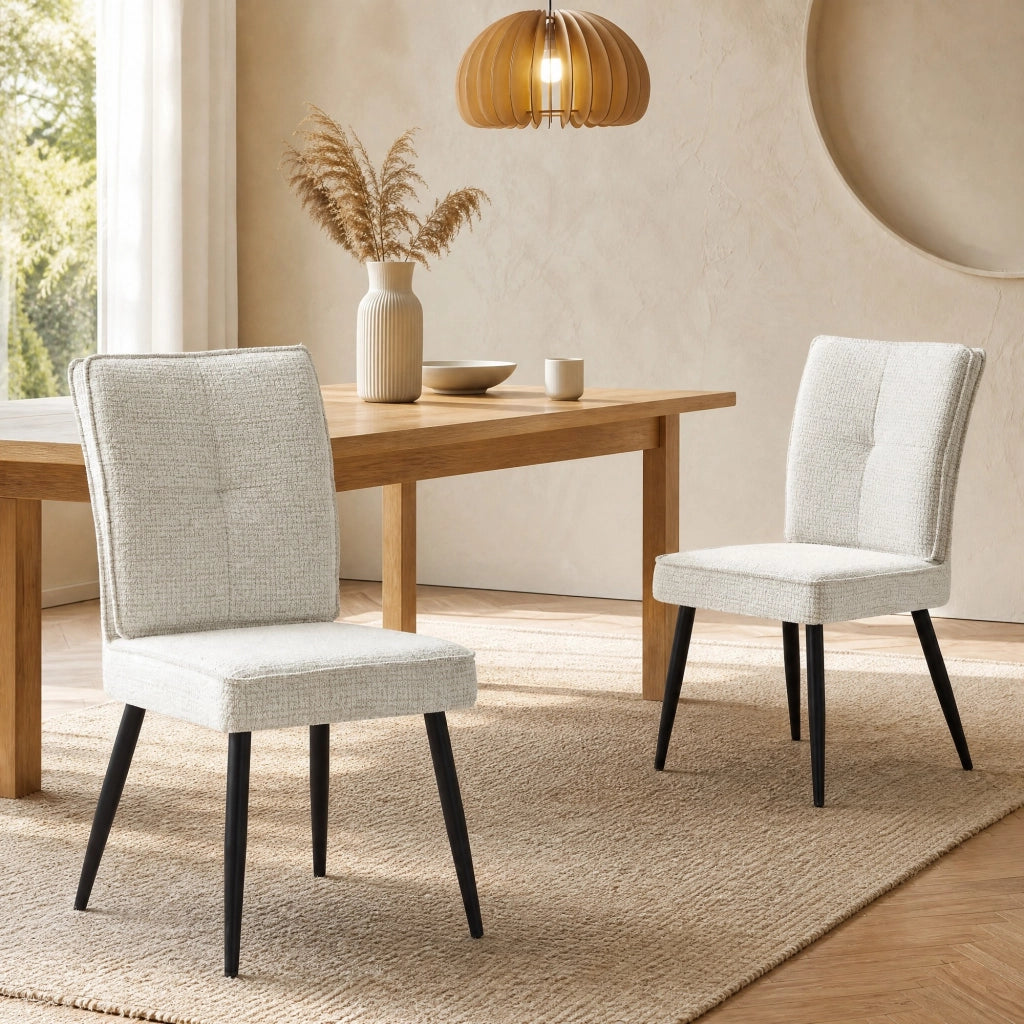 Sedia da Pranzo Set di 2 con Schienale Imbottito e Gambe in Metallo in Ciniglia Bianco Crema