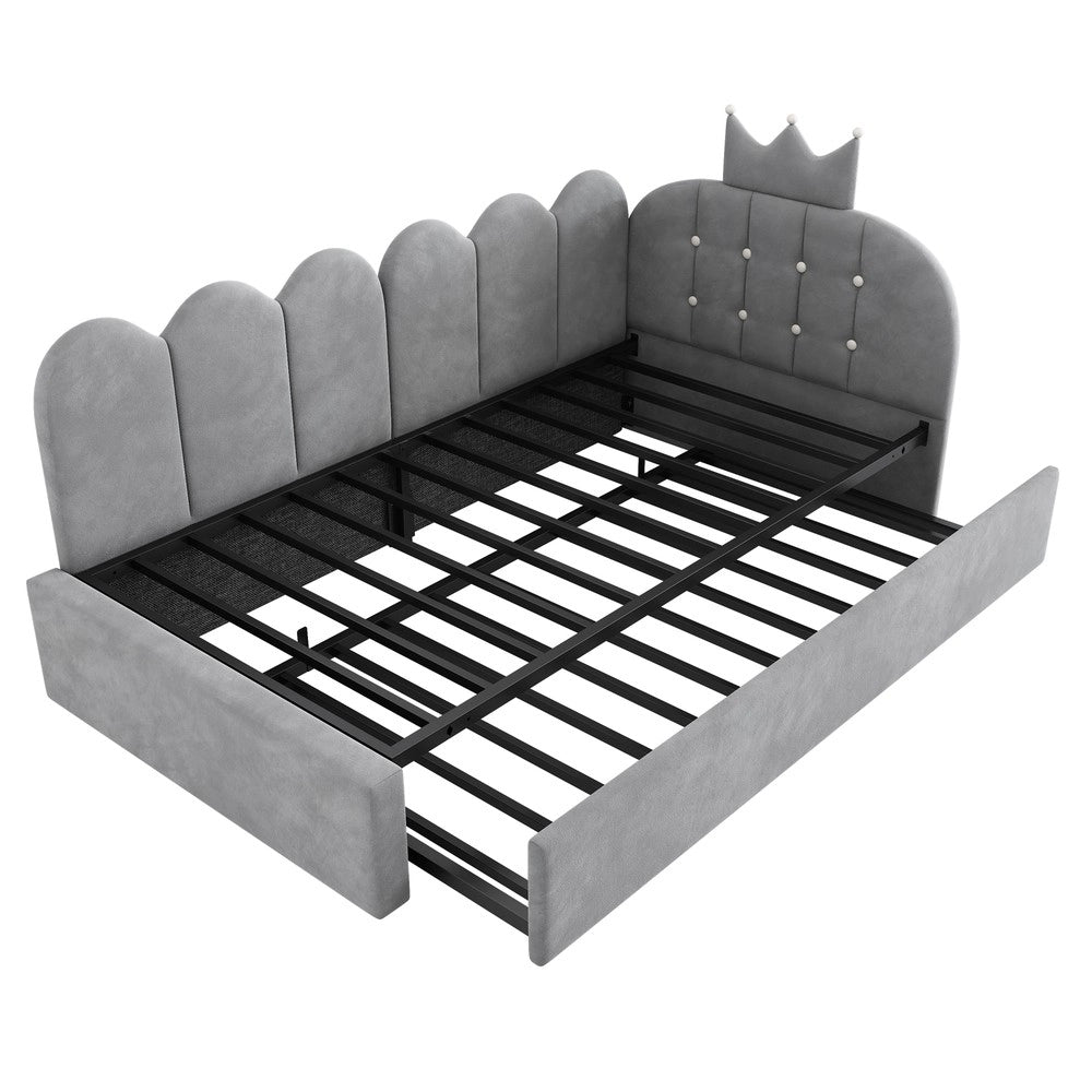 Letto Singolo Estraibile a Forma di L con Testiera Velluto ¨C Xylo ¨C Grigio 90x200 cm
