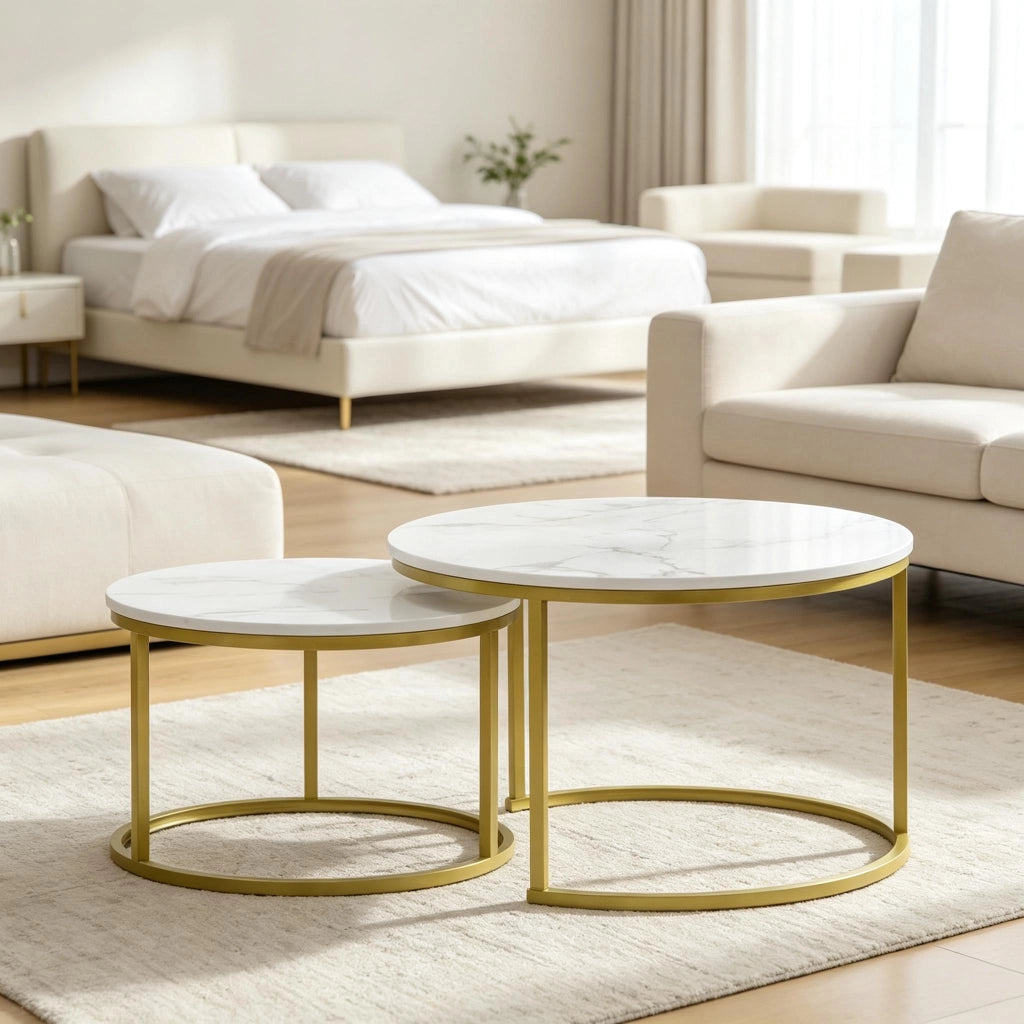 TAVOLINO DA SALOTTO Set da 2 pezzi rotondo Ø 74/59 cm Bianco Oro