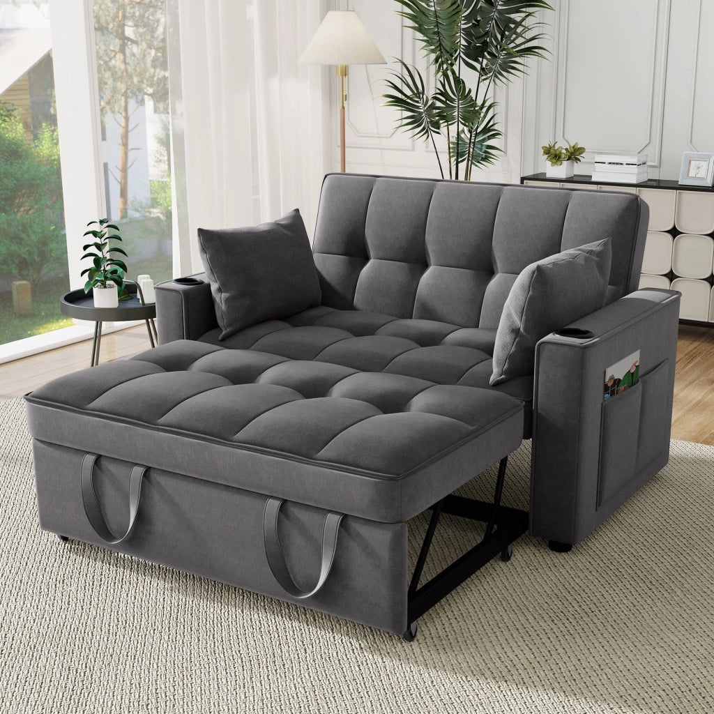 DIVANO LETTO 137x76,5x83 cm in velluto grigio con portabicchieri e cuscini
