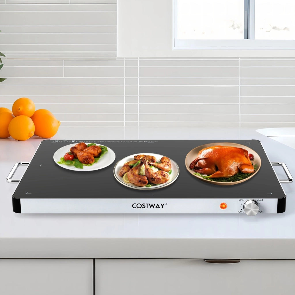 Scalda cibi in vetro temperato con temperatura regolabile e maniglie antiustioni-Piatto scaldavivande elettrico 53 x 40 cm Nero