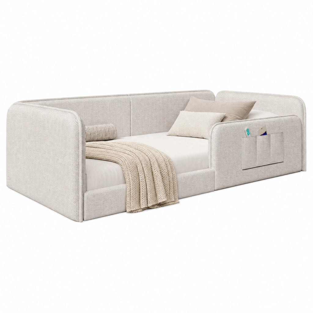 Letto a piattaforma 90x200 cm imbottito in lino beige con tasche laterali