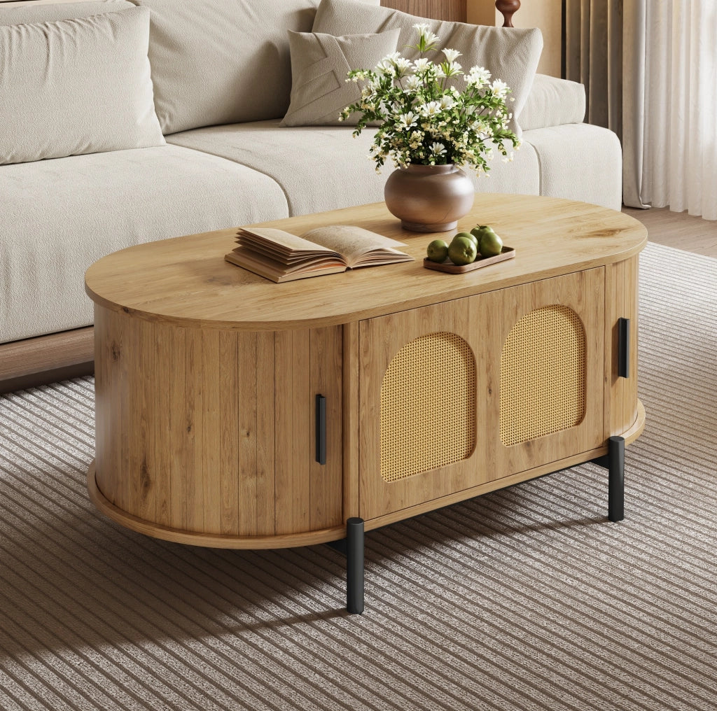 Tavolino da salotto ovale 100x50x40 cm con ante scorrevoli e vano contenitore; MDF naturale