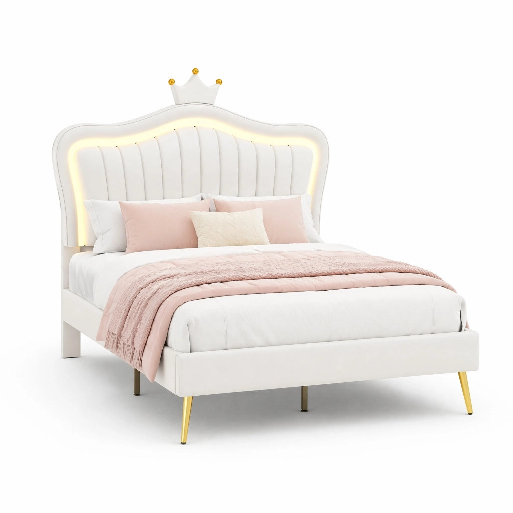 Letto bambino 90x200 cm bianco – LED e testiera a corona, senza materasso