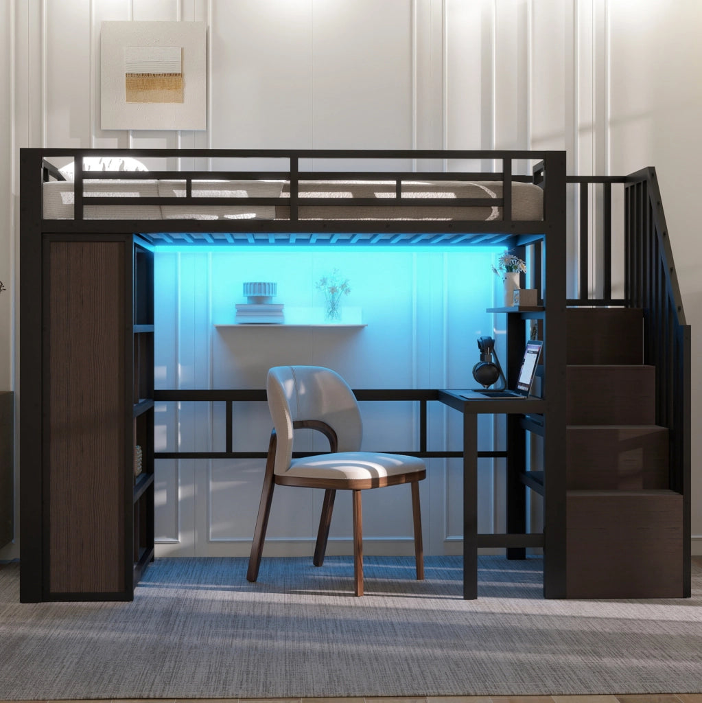 Letto a soppalco 90x200 cm con scrivania, LED e ripiani