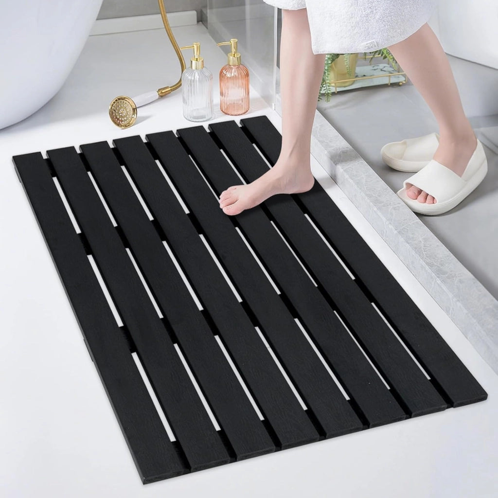 Pedana Doccia in WPC Antiscivolo 100 x 60 cm, Pedana da Bagno Finitura Effetto Legno, Tappetino da Doccia Rettangolare per Vasca e Piscina, da Interno ed Esterno, Nero