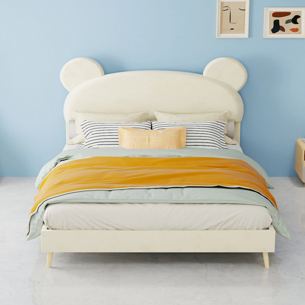 Letto per bambini 140x200 cm beige con testiera imbottita a orecchie d'orso e materasso