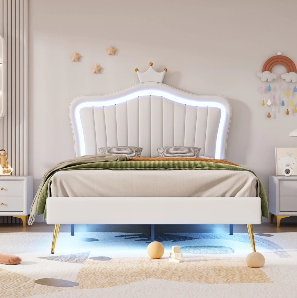 Letto imbottito 90x200 cm; 140x200 cm; testiera a conchiglia con LED; MDF ecopelle e metallo; bianco (Senza materasso)