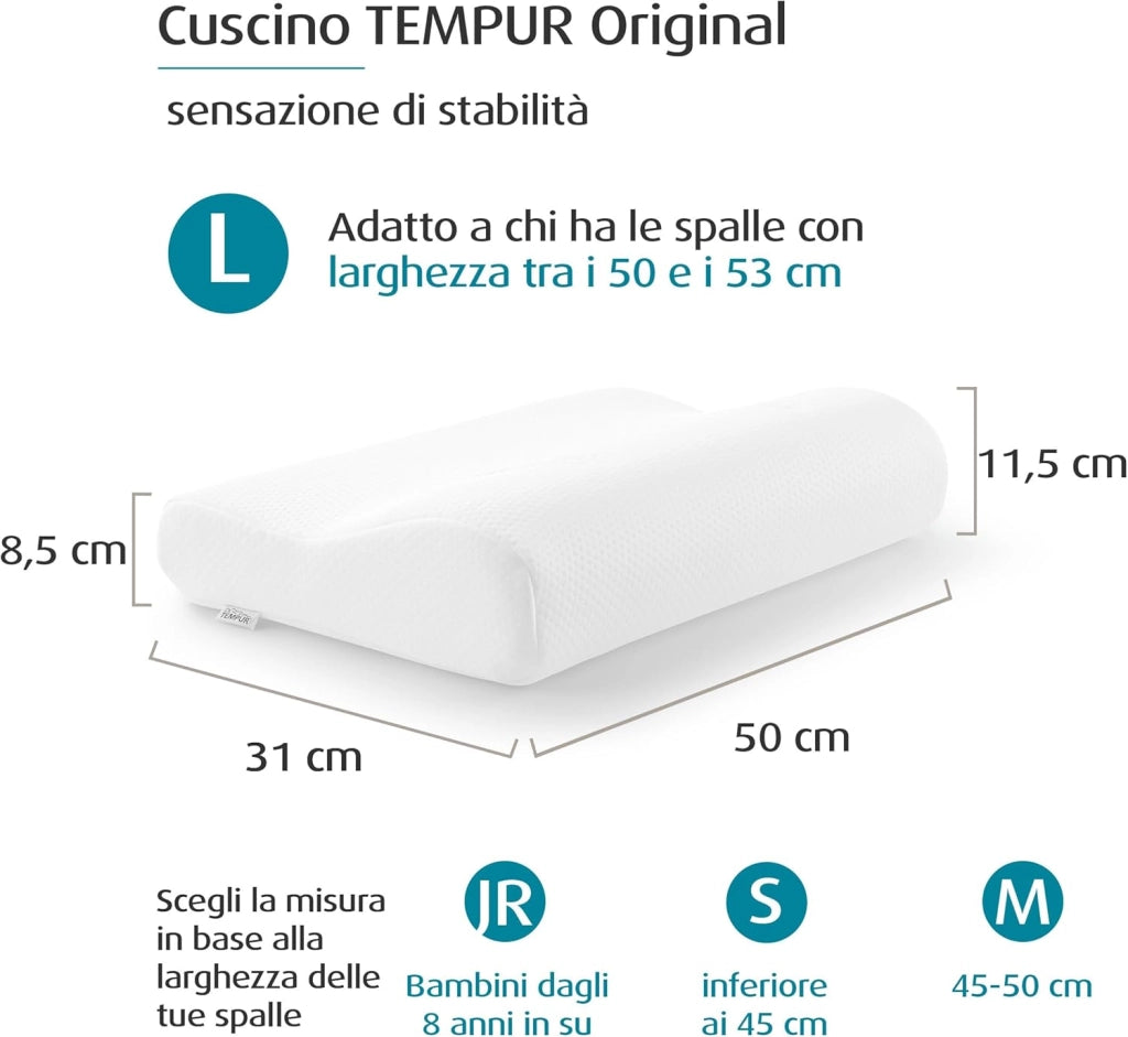 TEMPUR Original cuscino cervicale basso, cuscino ergonomico di sostegno al collo per chi dorme sul fianco e sulla schiena, sensazione rigido, L (50 x 31 x 11.5/8.5 cm)