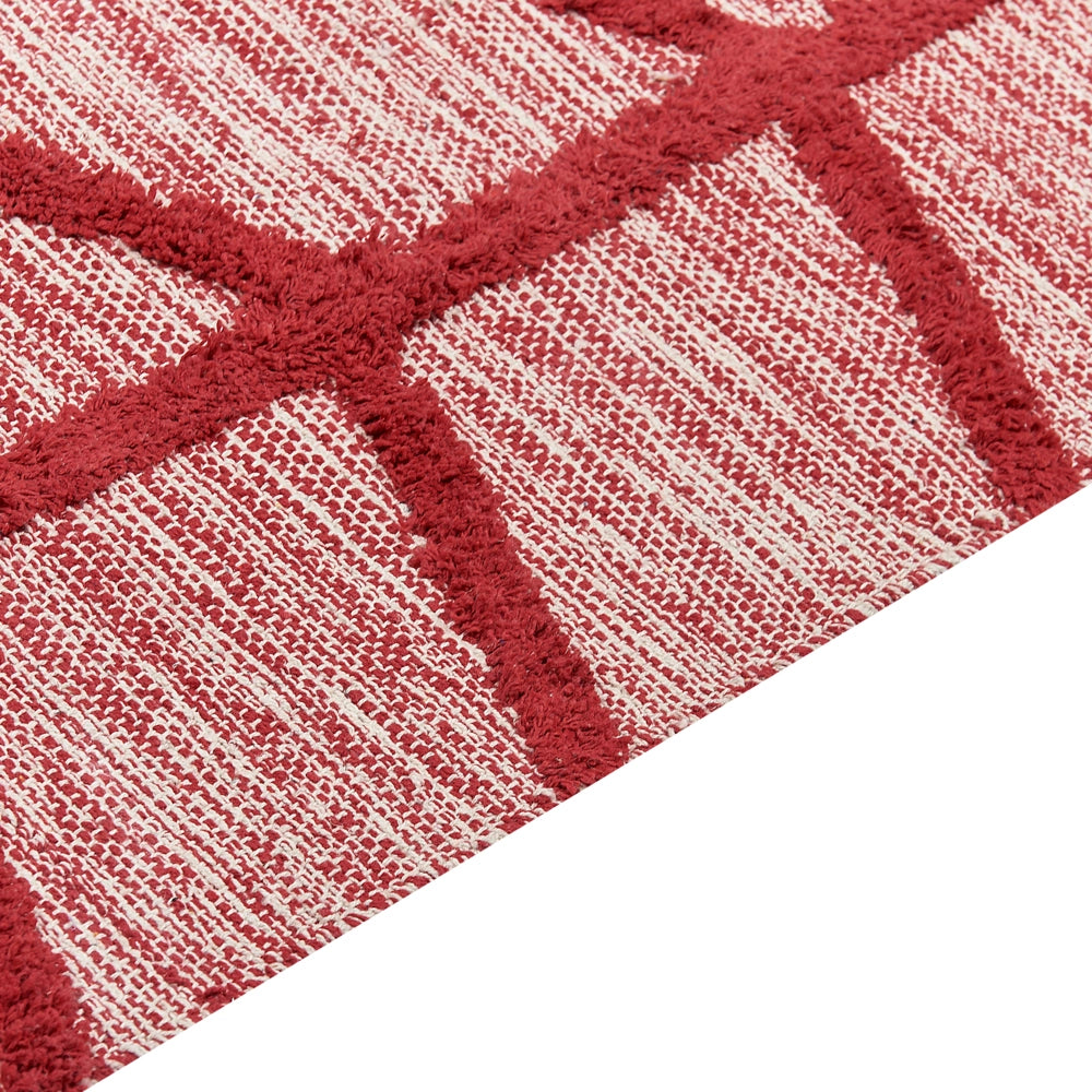 Tappeto in cotone trapunto a mano con motivo geometrico rosso 80 x 150 cm camera da letto soggiorno