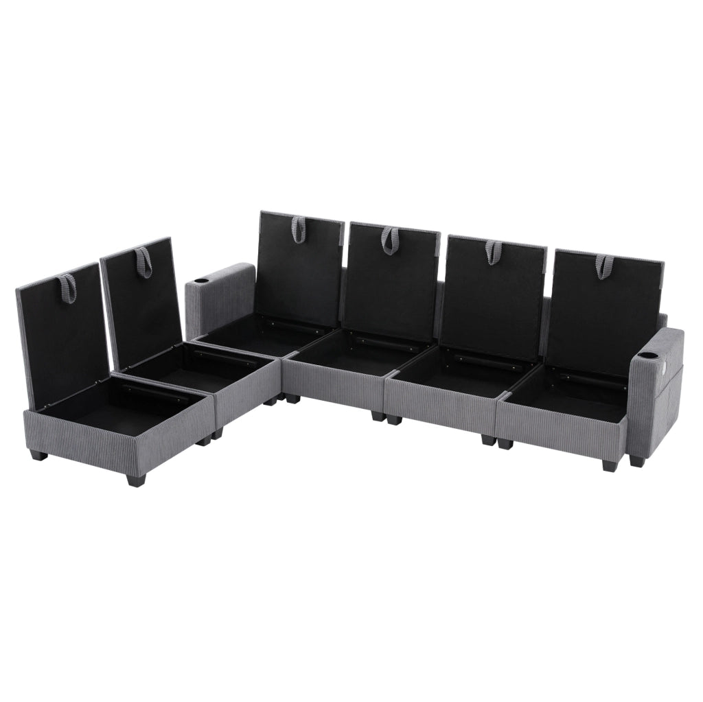 Divano modulare 6 posti a L o U in velluto a coste; con 2 pouf; USB e vani contenitore; grigio