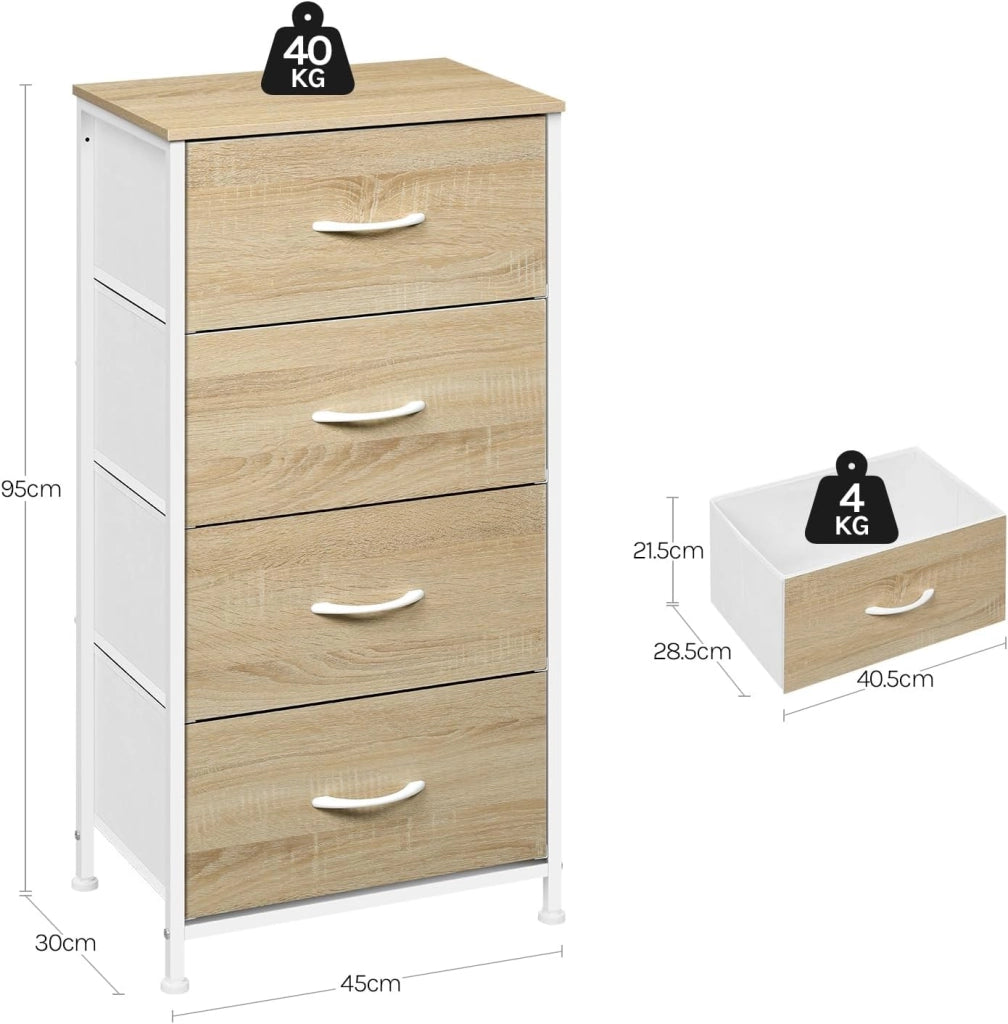 Cassettiera, 4 Cassetti in Tessuto, Armadio di Stoccaggio per Camera da Letto Corridoio Soggiorno, Struttura in Acciaio, E1 Piano Legno, Bianco