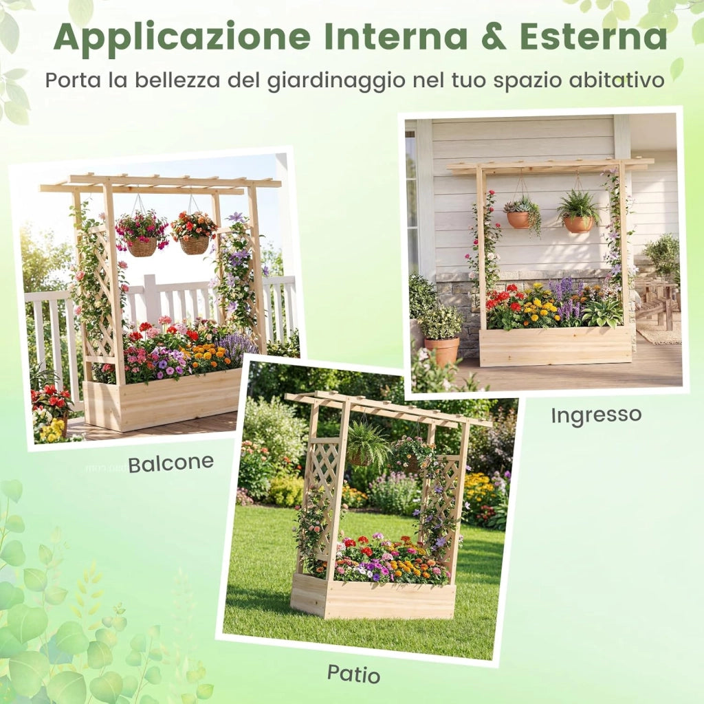 Fioriera Rialzata con Grigliato, Letto da Giardino Rialzato in Legno con Traliccio, Tetto e Fori di Drenaggio, Aiuola Elevata per Piante Rampicanti, Viti e Fiori (Naturale,110 x 35 x 114 cm)