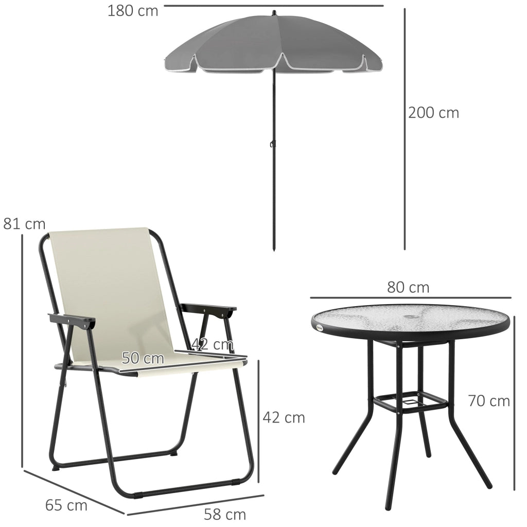 Set da Giardino 6 Pezzi con 4 Sedie Pieghevoli Ombrellone e Tavolo Rotondo  Crema Grigio e Nero