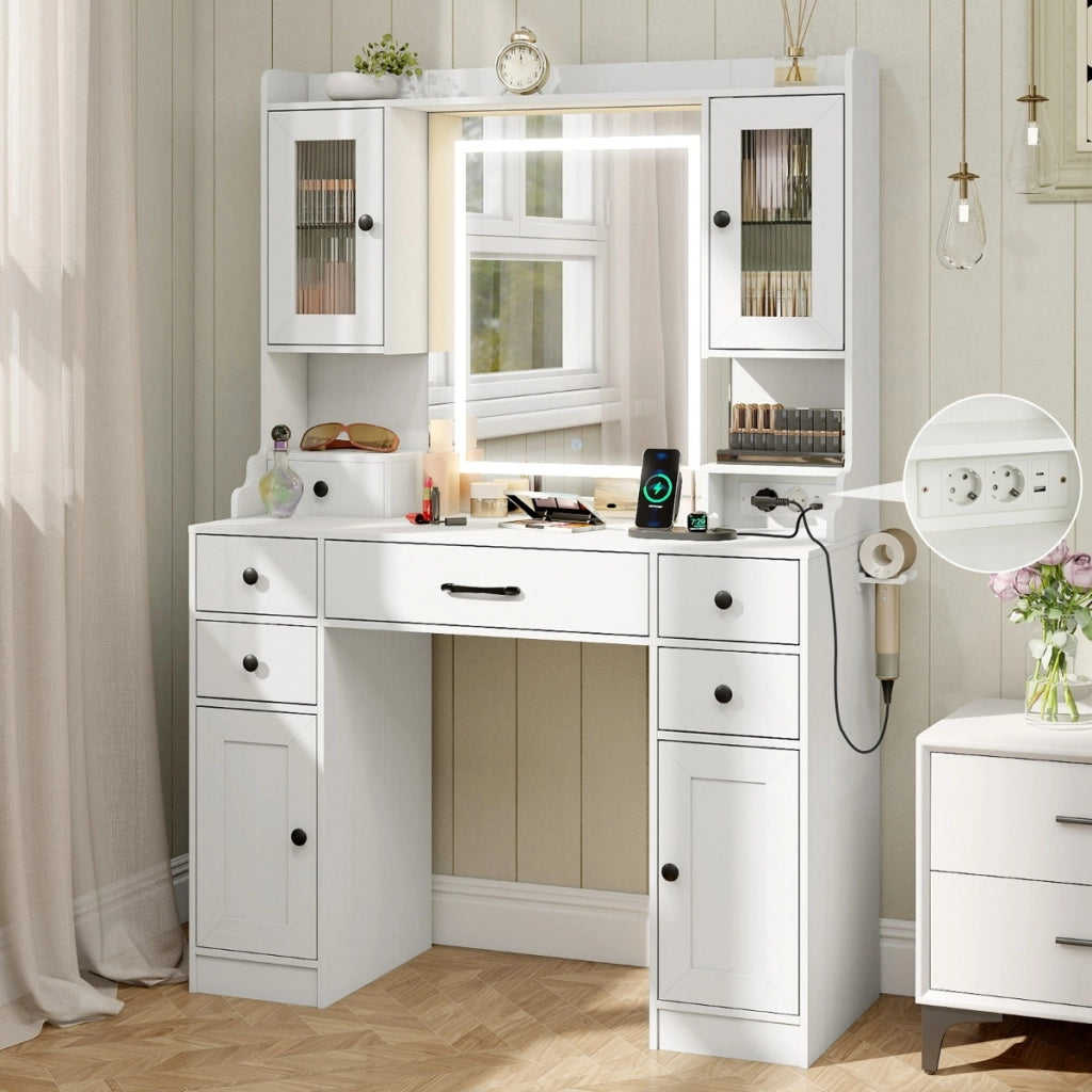 Tavolo trucco con prese di corrente e luminosit¨¤ regolabile, Scrivania trucco con porta asciugacapelli e cassetti