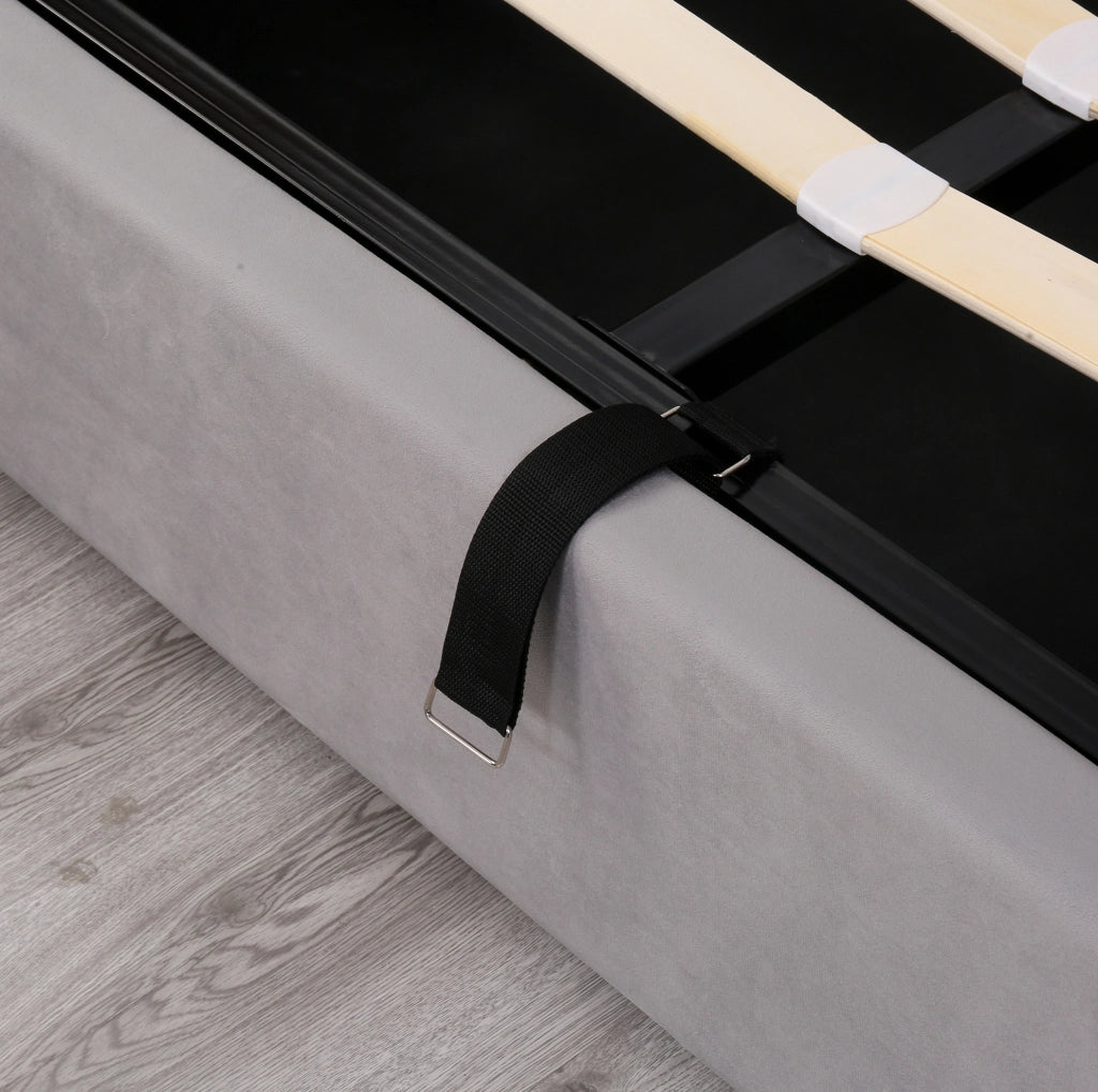 Letto imbottito 140x200 cm in velluto grigio con contenitore idraulico e rete