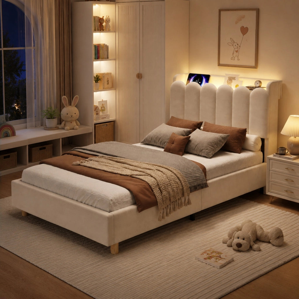 LETTO Singolo 90 x 200 cm in velluto beige con testiera e USB Type-C