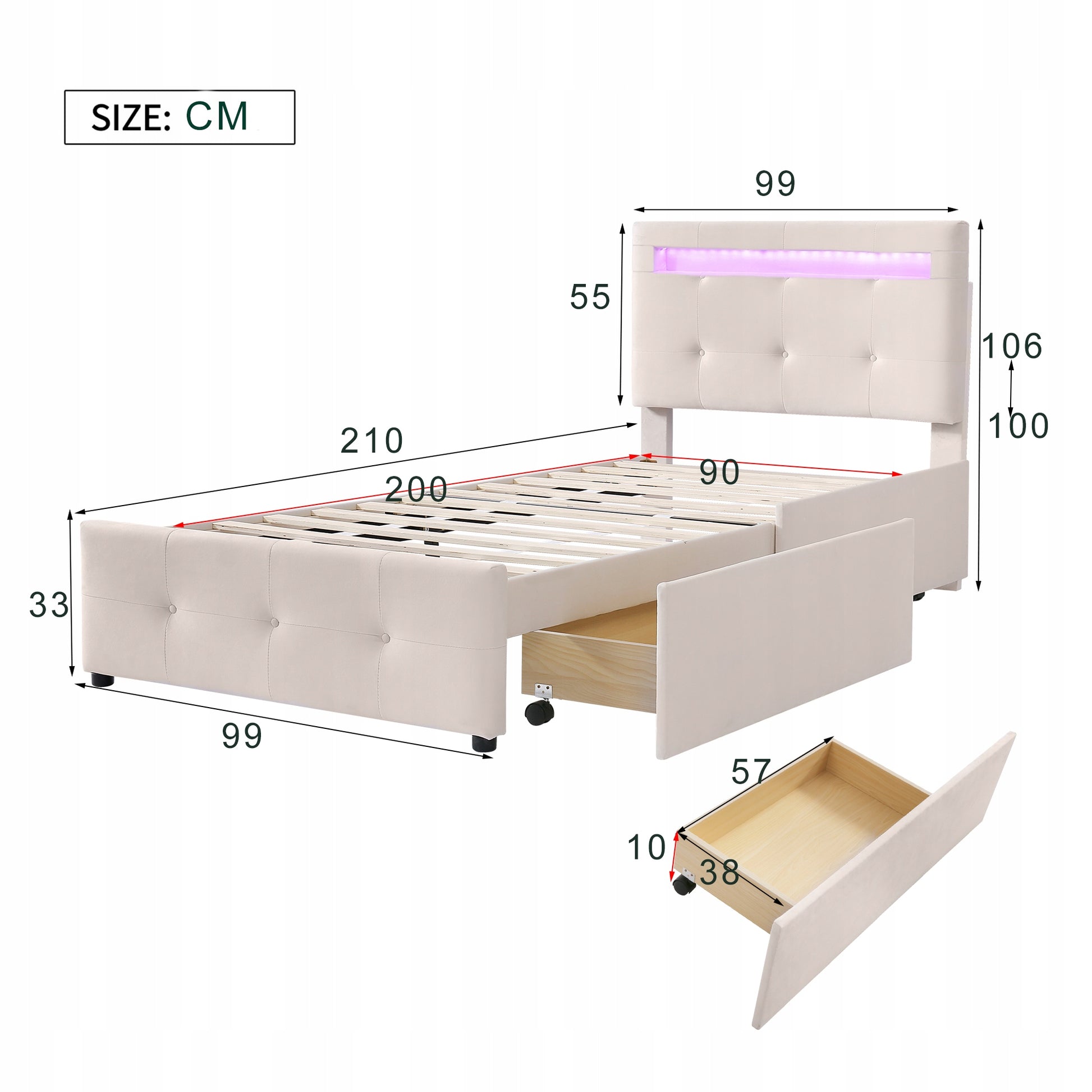 Letto singolo per bambini - Xylo - 90x200 - Beige - LED, 2 cassetti