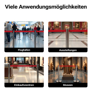 Colonnine tendinastro 320 x 70 x 900 mm, Set 2 paletti delimitatori in acciaio inox con nastro rosso