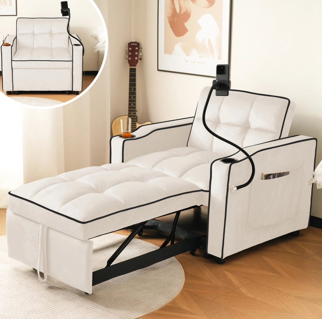 Poltrona letto estraibile 3 in 1 beige con portabicchieri