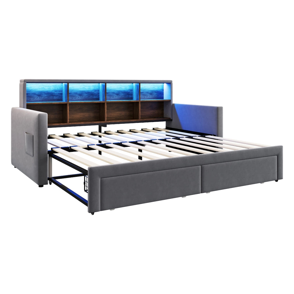 Letto imbottito estraibile 90x190 cm con contenitore, testiera con ripiani, luci LED, prese USB/Tipo C e 2 cassetti, velluto grigio
