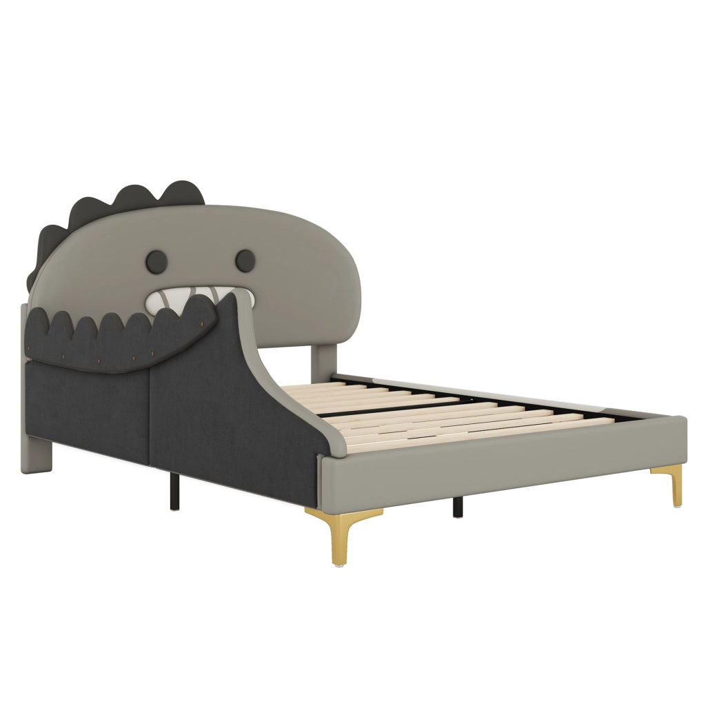 Letto per bambini a forma di dinosauro in PU grigio; per materasso 140 x 200 cm