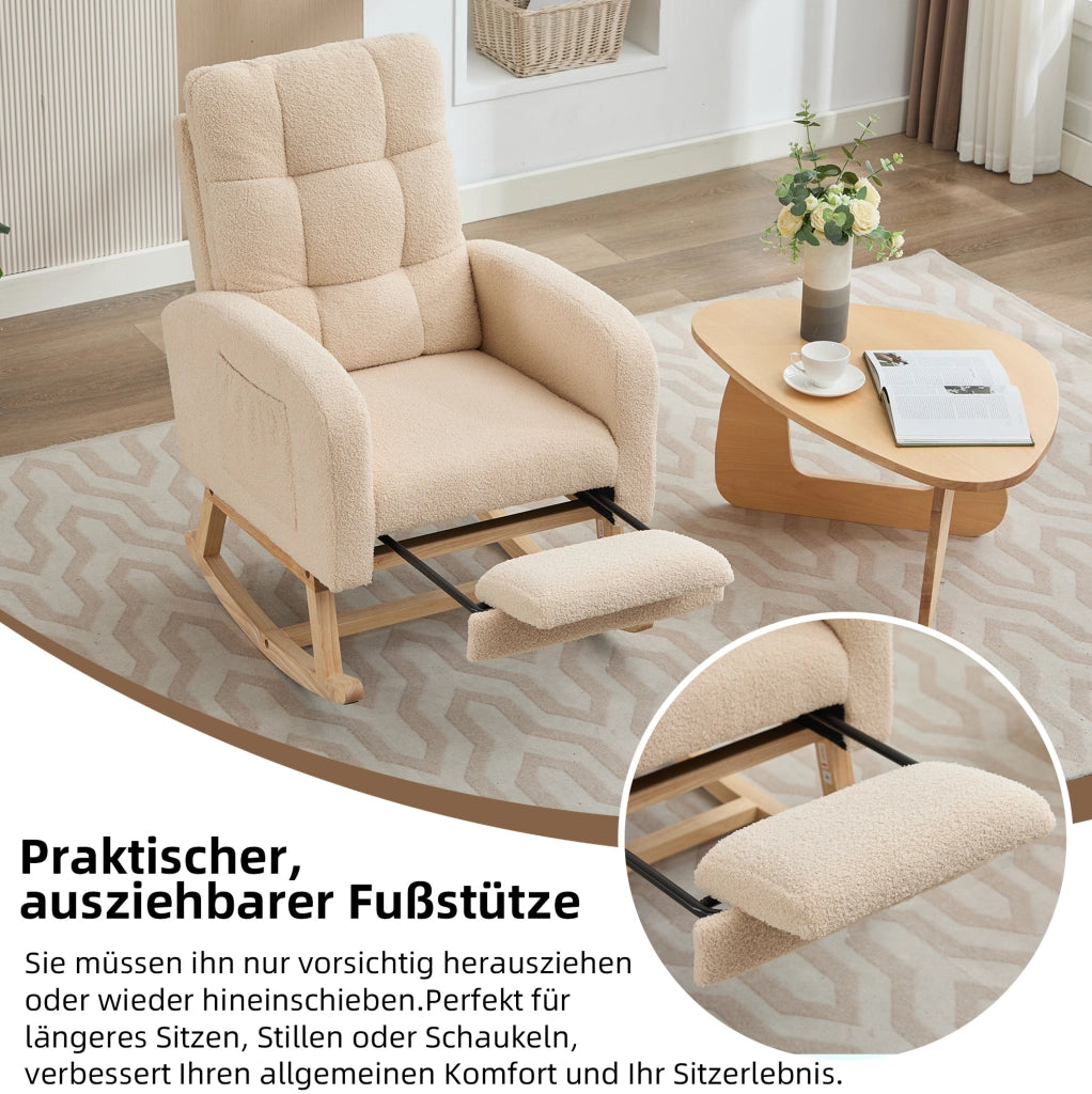 Poltrona a dondolo ergonomica beige in bouclé con tasca laterale