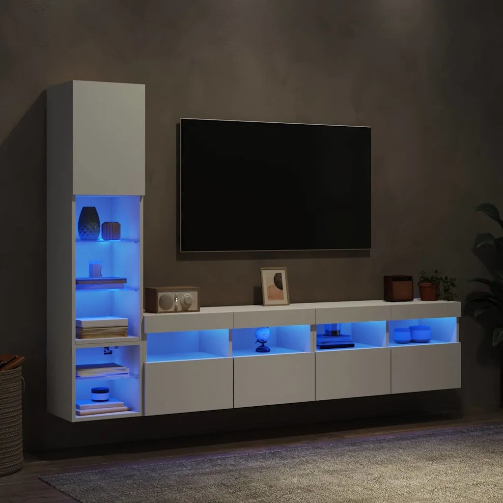 Mobili TV a Muro con LED 4pz Bianchi in Legno Multistratocod mxl 134319