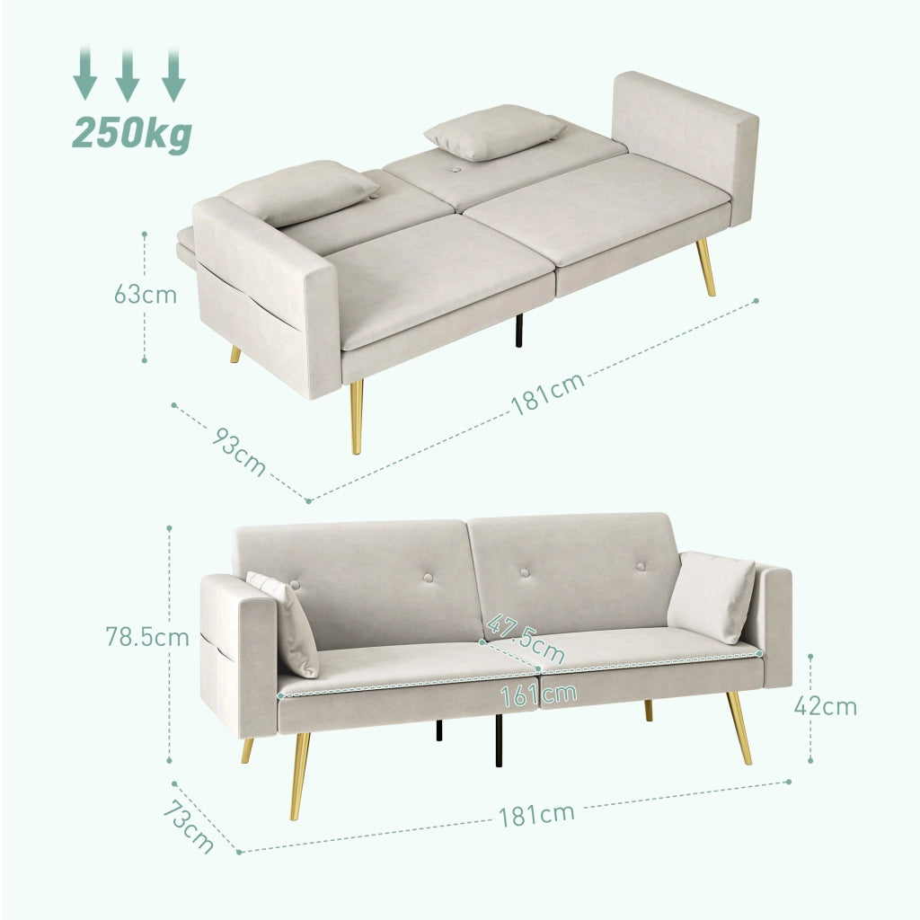 Divano letto convertibile con schienale regolabile a 3 posizioni e tasche laterali in poliestere beige
