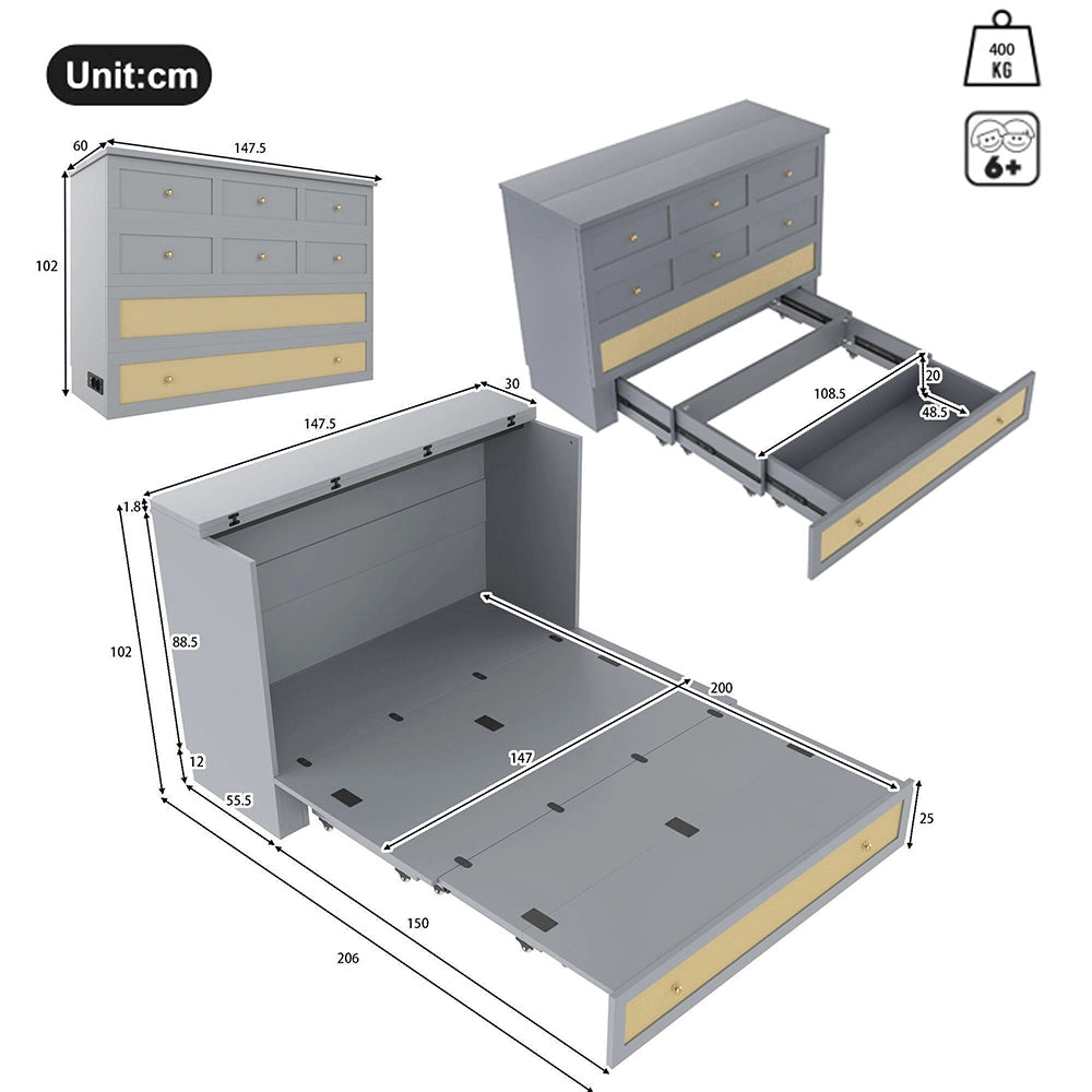 Letto contenitore 140x200 cm - Xylo - con cassetti e ripiano, porte USB e presa, grigio, senza materasso