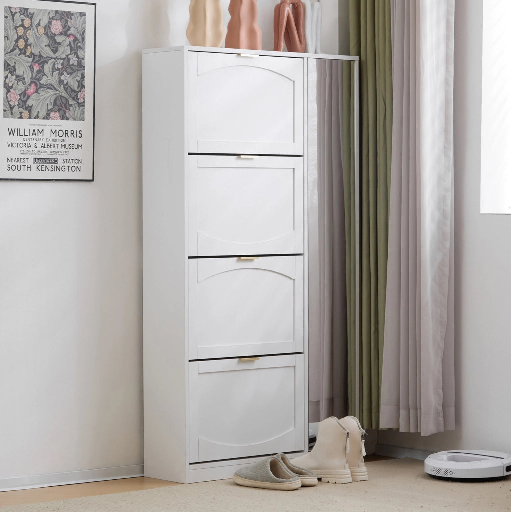 Mobile portascarpe bianco 80x24x147 cm con specchio e 4 ribalte