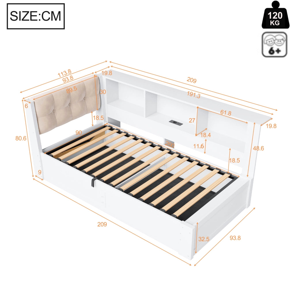Letto divanetto singolo con contenitore; scaffale; USB e LED regolabile 90 × 200 cm; senza materasso