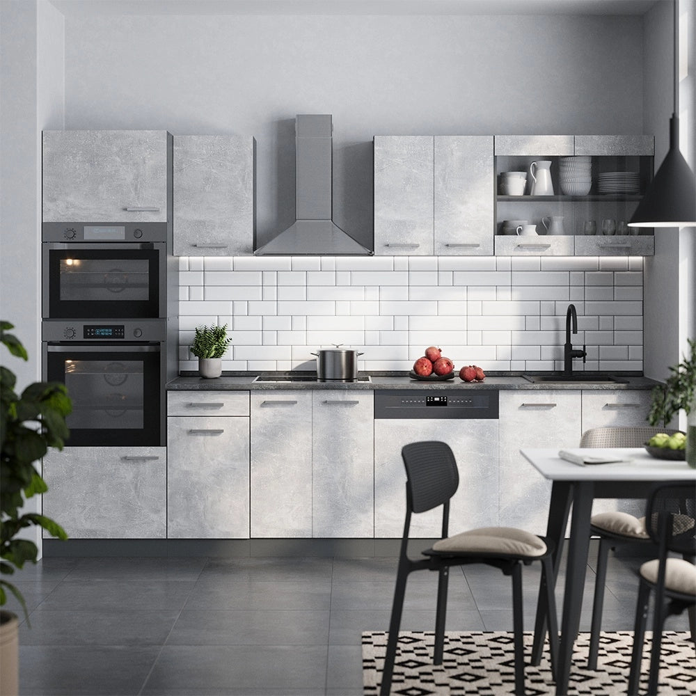 Cucina componibile R-Line Calcestruzzo/Antracite 300 cm con armadio alto, PL Rovere Vicco