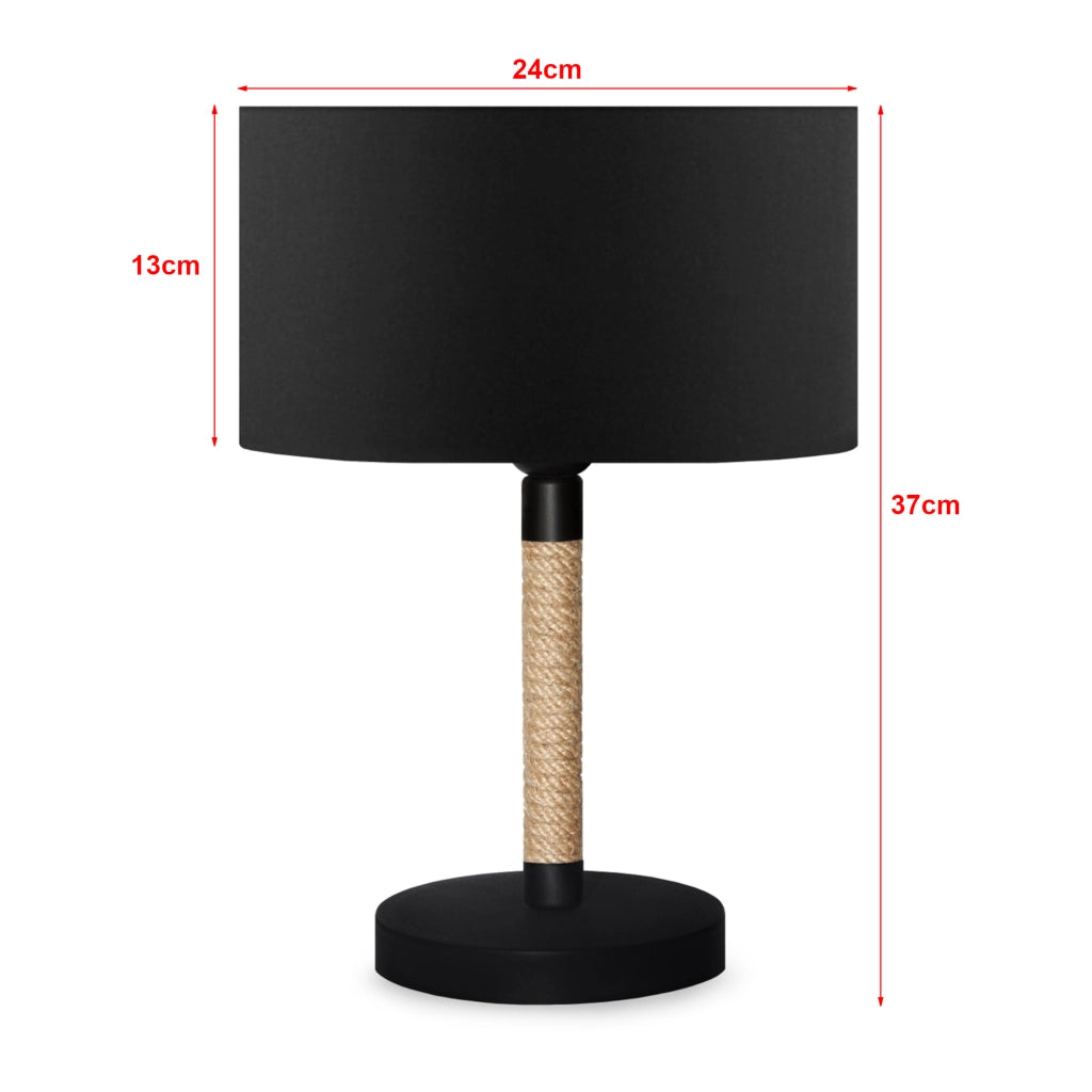 Lampada da Comodino 'Rayleigh' Lampada da Tavolo con Paralume Circolare in Tessuto e Stelo in Metallo con Corda di Iuta