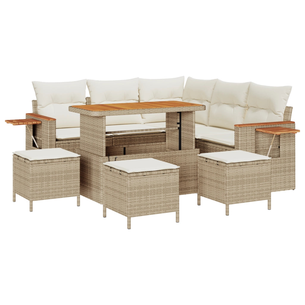 Set Divano Giardino 9 Pezzi con Cuscini Beige Polyrattan Acacia