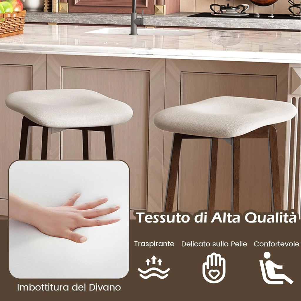 Set di 2 Sgabelli da Bar Girevoli, Sgabelli da Bar senza Schienale di 74 cm con Sedili Imbottiti e Gambe in Legno Massello, Sedie per Isola Cucina con Poggiapiedi per Sala da Pranzo