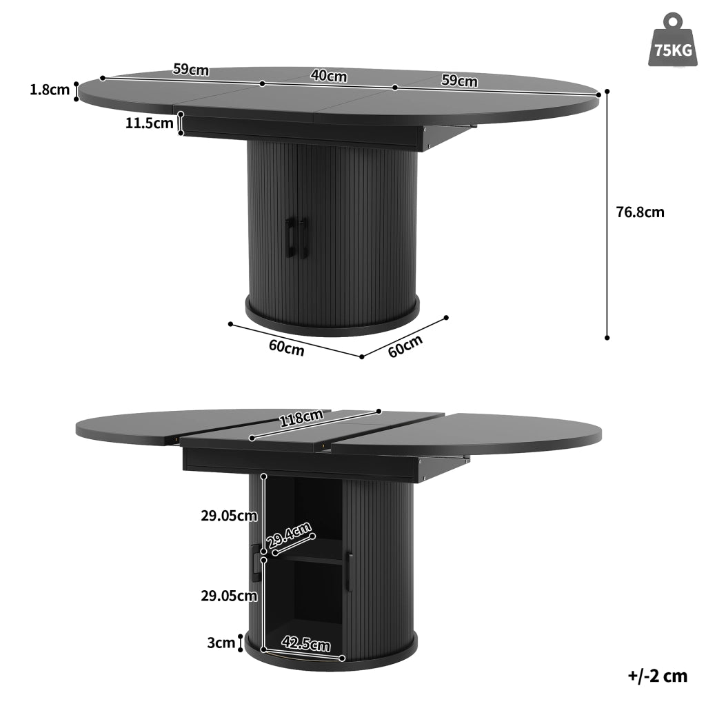 Tavolo da pranzo allungabile rotondo in MDF con piano scorrevole e 2 vani contenitore per cucina soggiorno e balcone