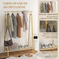 Appendiabiti a Doghe in Bambù con Gruccia Laterale e Spazio per Scarpe, 110x42x152 cm, color Legno