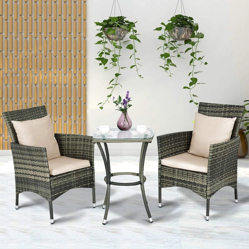 3 Pezzi Set Mobili da Giardino, Set da Esterno con Cuscini 2 Sedie e 1 Tavolino con Piano in Vetro, in Rattan PE, Ideale per Balcone Terrazza Giadino, Grigio