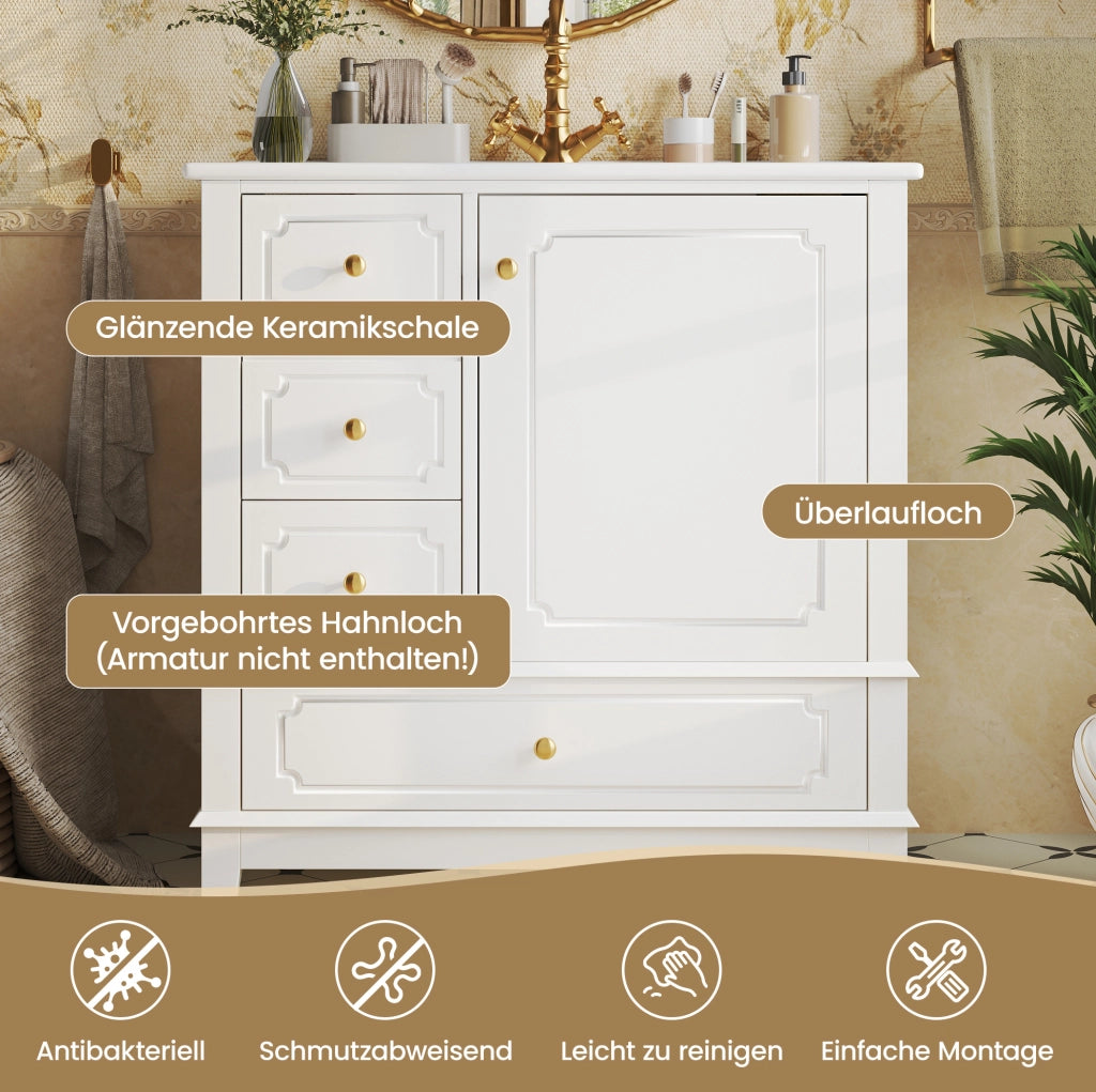 Mobile lavabo bagno 76,5 cm con lavabo in ceramica e maniglie oro
