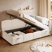 Letto contenitore 90x200 cm in velluto beige con USB-A/USB-C, tasche laterali e struttura idraulica