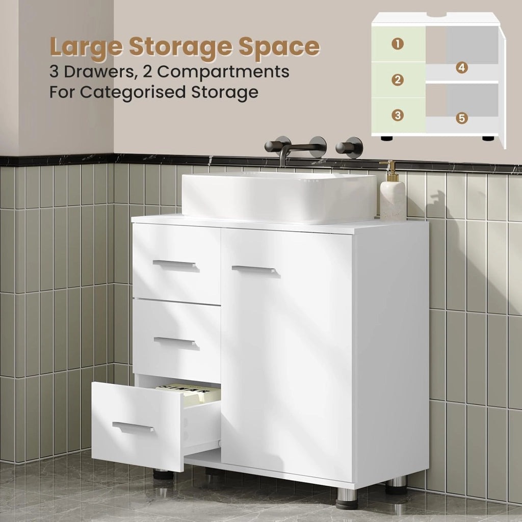 Mobile da Bagno Sottolavello, Mobile con 3 Cassetti e 2 Livelli, per Lavabo da Bagno Bianco, Legno Ingegnerizzato, con Ritaglio Per Sifone D17,5xL10 cm