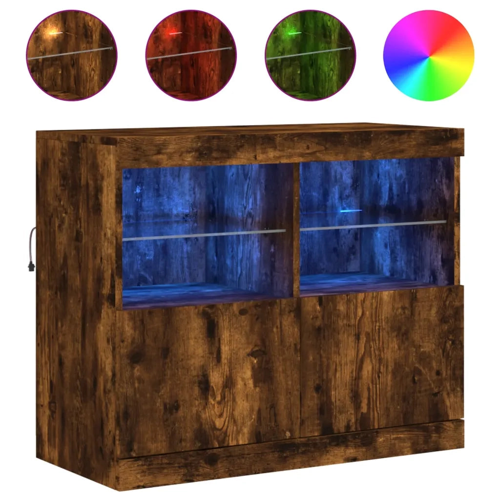 Credenza con Luci LED-Buffet-Armadio da cucina Rovere Fumo 81x37x67 cm