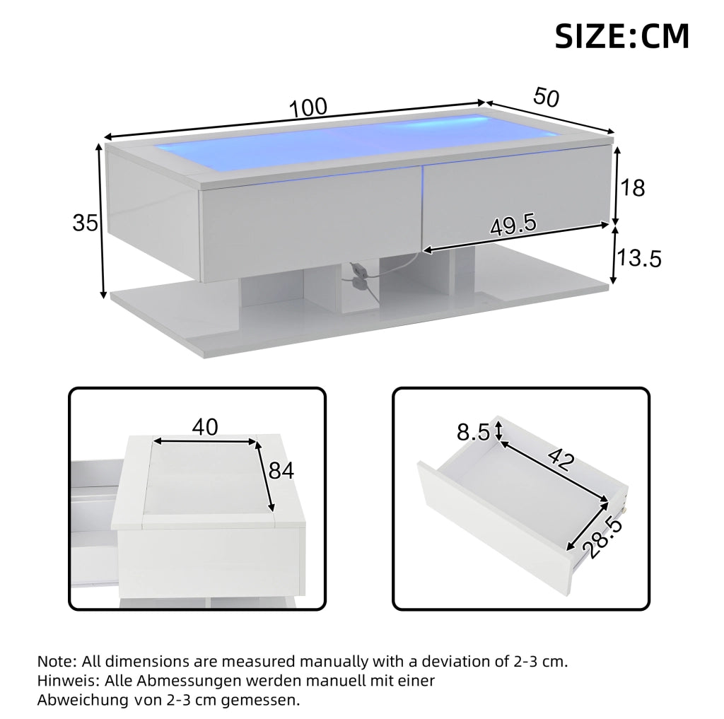 Tavolino da salotto 100x50x35 cm; 2 cassetti con LED e piano in vetro temperato; truciolare bianco