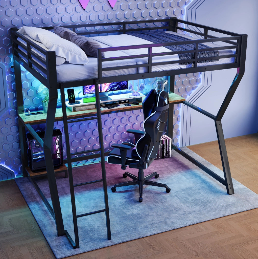 Letto a soppalco 90x200 cm con LED; scrivania e prese USB; metallo nero (Senza materasso)