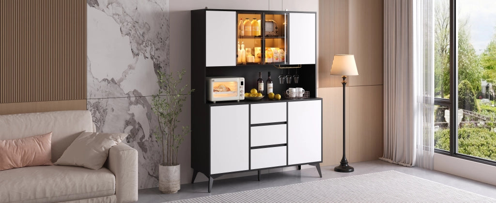 Mobile contenitore con vetrina in vetro, LED da app, 2 ante e 3 cassetti, per cucina e pranzo, 120 × 40 × 160 cm