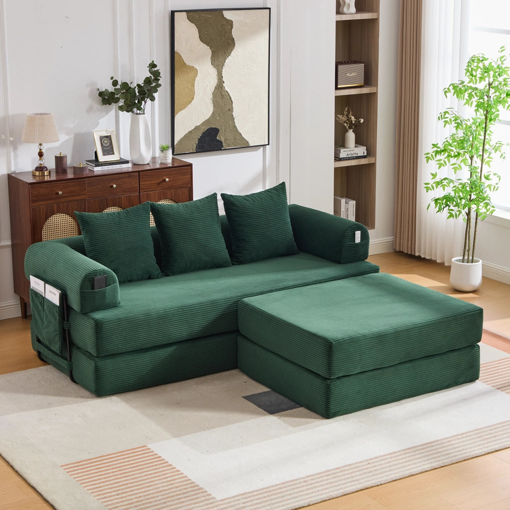 DIVANO Modulare 200x190x67 cm Corda Verde Smeraldo con pouf e 3 cuscini